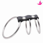 Anel Peniano Triplo em Metal com Tira em Couro Sintético