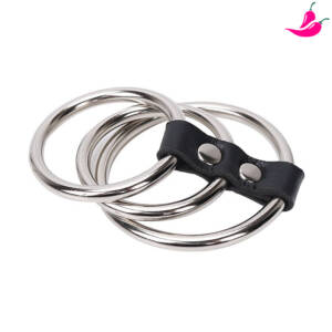 Anel Peniano Triplo em Metal com Tira em Couro Sintético