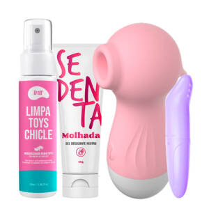 Kit Prazer & Cuidado – Sugador de Clitóris + Vibrador + Limpa Toys Intt + Gel Sedenta