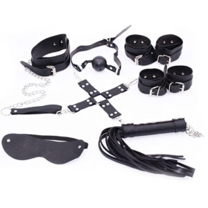 Kit Bondage Velvet — Com 7 Peças em Courvin Preto para Fetiche e Restrição