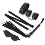 Kit Sado Bondage com 5 Peças – Algemas, Venda, Chicote, Coleira e Guia