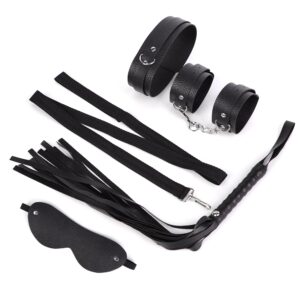 Kit Sado Bondage com 5 Peças – Algemas, Venda, Chicote, Coleira e Guia
