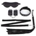 Kit Sado Bondage com 5 Peças – Algemas, Venda, Chicote, Coleira e Guia