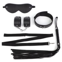 Kit Sado Bondage com 5 Peças – Algemas, Venda, Chicote, Coleira e Guia