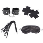 Kit Sado Bondage com 4 Peças – Venda, Chicote, Algema e Adesivos Sensoriais para Seios