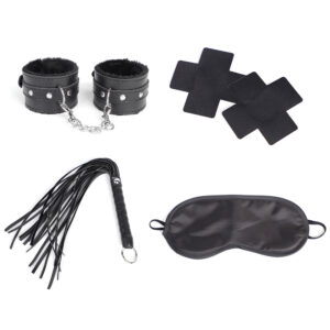 Kit Sado Bondage com 4 Peças – Venda, Chicote, Algema e Adesivos Sensoriais para Seios