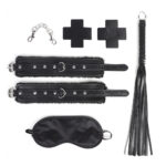 Kit Sado Bondage com 4 Peças – Venda, Chicote, Algema e Adesivos Sensoriais para Seios