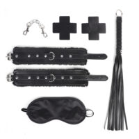 Kit Sado Bondage com 4 Peças – Venda, Chicote, Algema e Adesivos Sensoriais para Seios